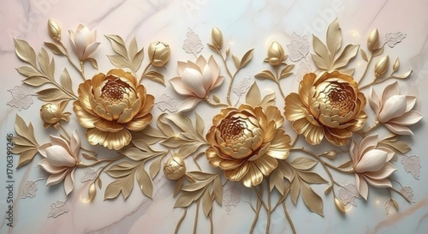 Fototapeta Luxurious golden and pink flowers with golden leaves on a marble background