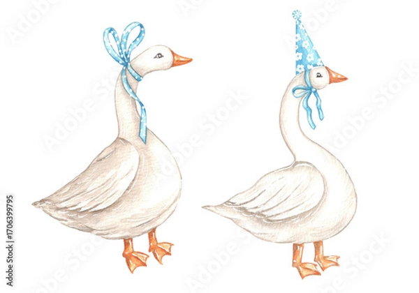 Fototapeta Cute geese set of watercolor illustrations. Goose with a cap. Goose with a bow. Illustrations are isolated. Blue. Birthday, Baby shower, Nesting party. For printing on fabric, cards, stickers, dishes