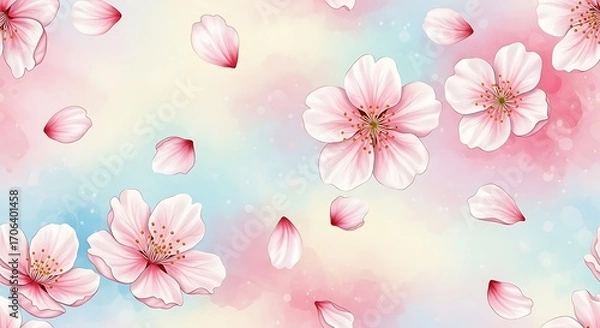 Fototapeta A beautiful seamless pattern of pink cherry blossoms and petals scattered across a soft pastel watercolor background