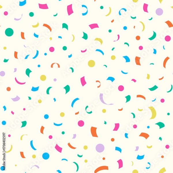 Fototapeta Seamless confetti background. Colorful party pattern. Birthday celebration backdrop. Fun party print. Holiday decorative wrapping. Paper streamers and dots