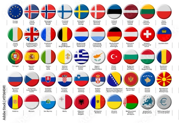 Fototapeta Europe-Buttons-Set-3D-round-pushed-down