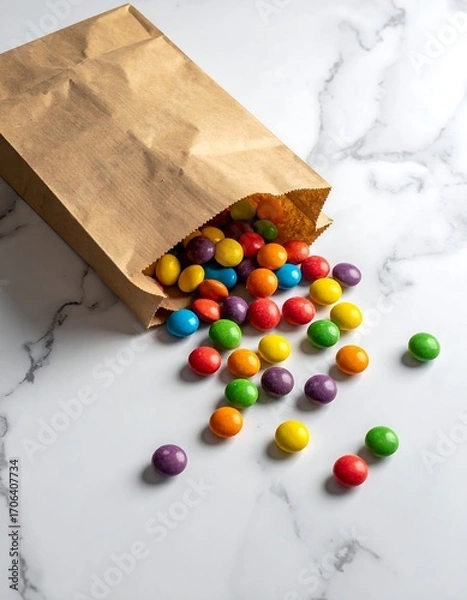 Obraz Colorful candies spilling from brown paper bag
