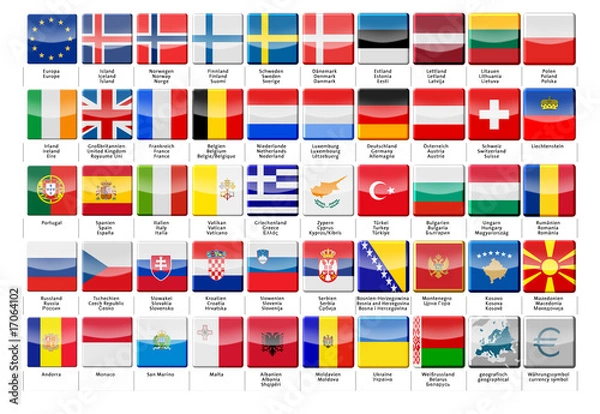 Fototapeta Europe-Buttons-Set-3D-square-mouseover-reflection