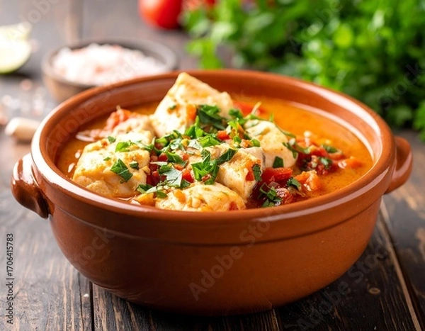 Obraz Hearty fish stew in a rustic bowl