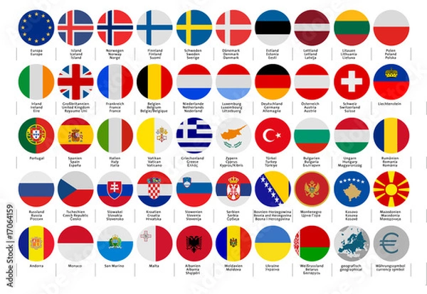 Fototapeta Europe-Buttons-Set-2D-round