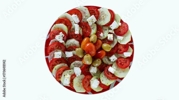 Obraz Beautifully decorated salad with tomatoes, olives, cheese and cucumbers