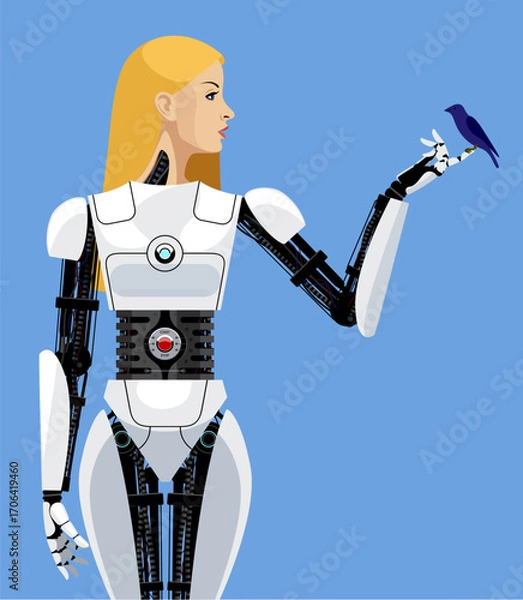 Fototapeta A beautiful blonde biorobot girl with a bird sitting on her finger on a blue background. Vector realistic illustration in flat style