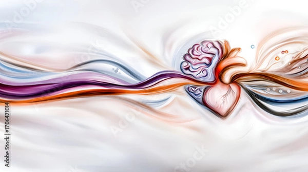 Fototapeta Heart and Mind Connection: An artistic abstract illustration with a central heart intertwined with a brain, rendered in flowing, vibrant colors.