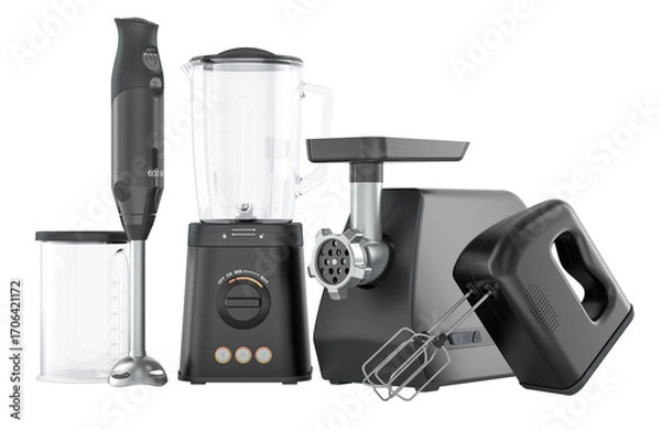 Fototapeta Set of modern kitchen appliances. Blender, hand mixer, meat grinder and immersion blender. 3D rendering
