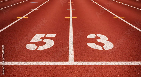 Fototapeta Close-up of starting line on a red athletics running track, sunlight casting strong contrast, symbol of motivation, beginning, and endurance, no people.