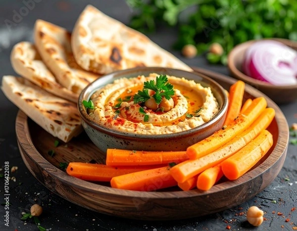 Obraz Hummus with pita bread and carrots