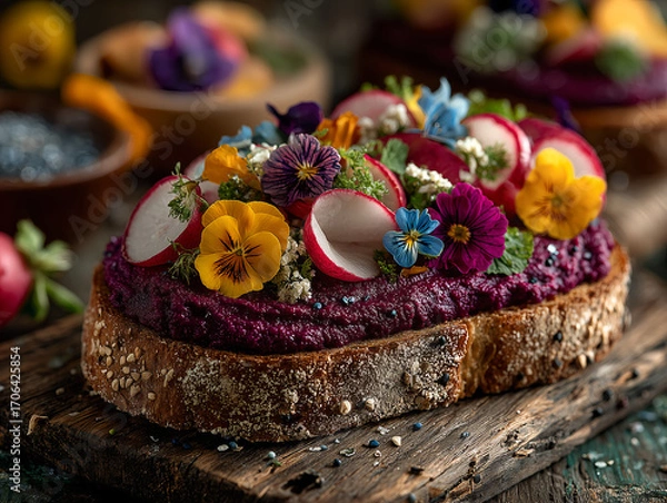 Fototapeta open-faced sandwich with roasted beet hummus