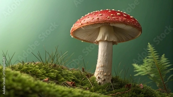Obraz Enchanting fly agaric mushroom glistening amidst vibrant moss and fern foliage on a serene green backdrop