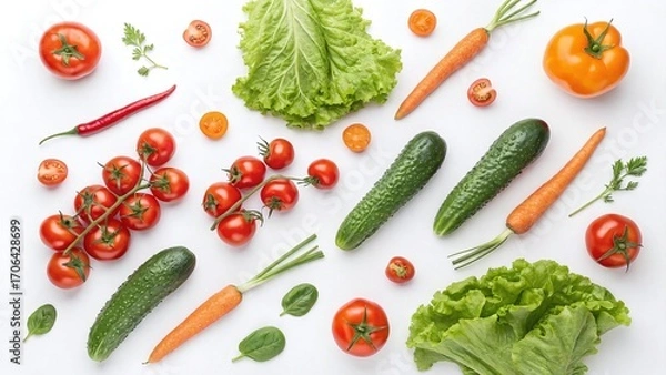 Obraz Fresh, vibrant vegetables arranged on a clean white background create a healthy eating lifestyle concept