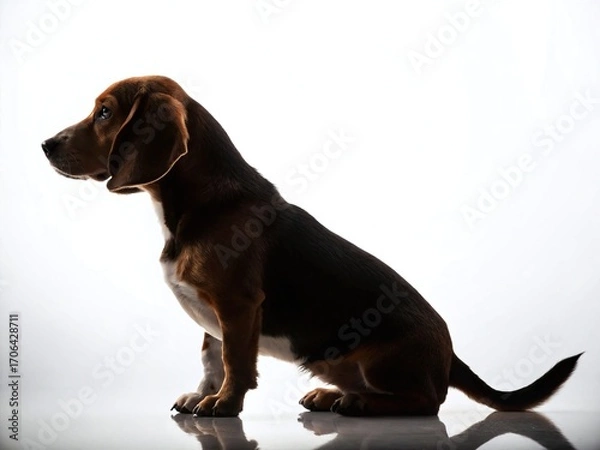Obraz Adorable beagle puppy sitting gracefully in studio with bright white background, perfect pet portrait