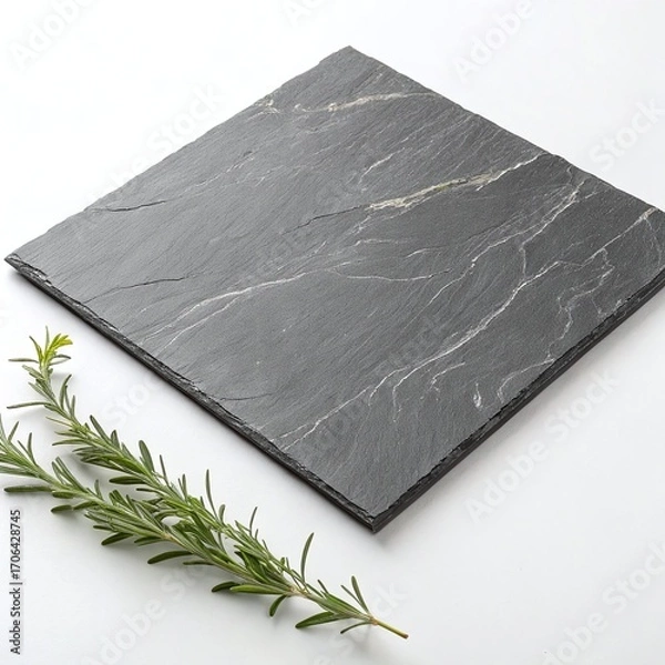 Obraz Elegant slate board perfect for culinary presentations with fresh rosemary accent on clean white surface