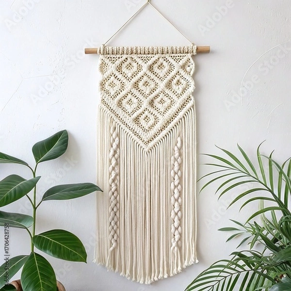 Obraz Elegant macrame wall hanging for boho chic decor gives a calming, handcrafted touch to modern interiors