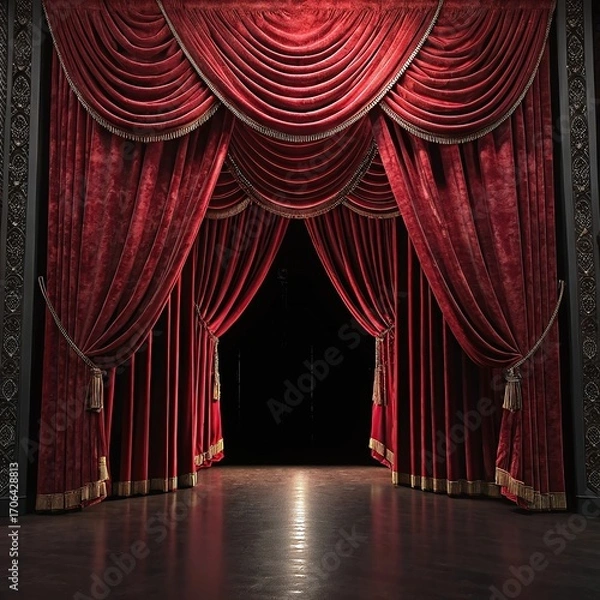 Obraz Elegant red velvet stage curtains create a dramatic entrance, perfect for theater or performance backdrops