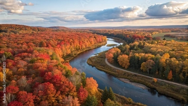Obraz Stunning aerial view of vibrant autumn colors along winding river, perfect for travel and nature campaigns