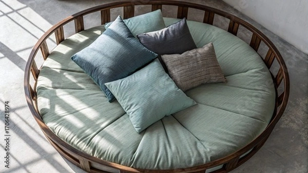 Obraz Elegant round couch with soft pillows inviting relaxation in a modern living space for peaceful meditation