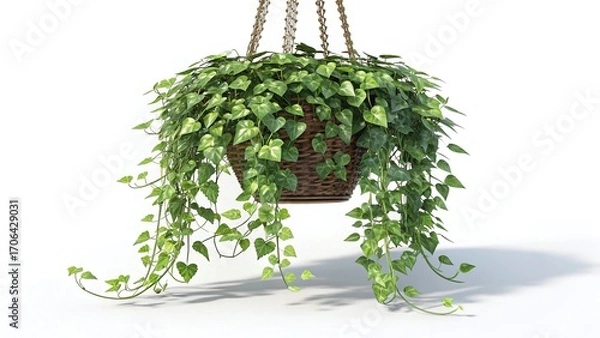 Obraz Hanging pothos plant in a rustic basket brings natural beauty and fresh green vibes to your indoor spaces