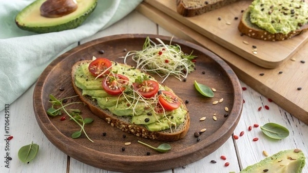 Obraz Enjoy vibrant avocado toast topped with fresh tomatoes and sprouts, a healthy and delicious snack