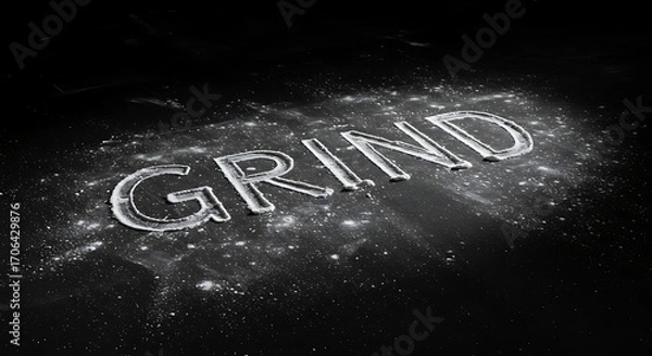 Fototapeta Crushed gym chalk scattered across a black floor with a single word “GRIND” spelled using chalk pieces, dramatic side lighting, symbol of persistence, no humans.