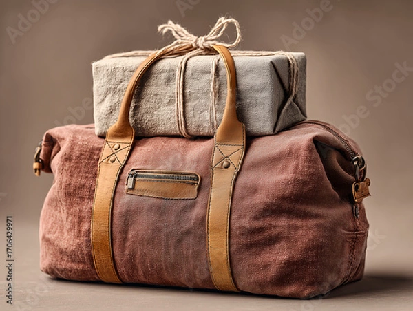 Fototapeta brown leather bag with gift