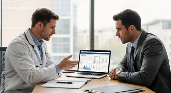 Fototapeta Male doctor in a white coat explains medical data and charts on a laptop to a businessman during a professional consultation