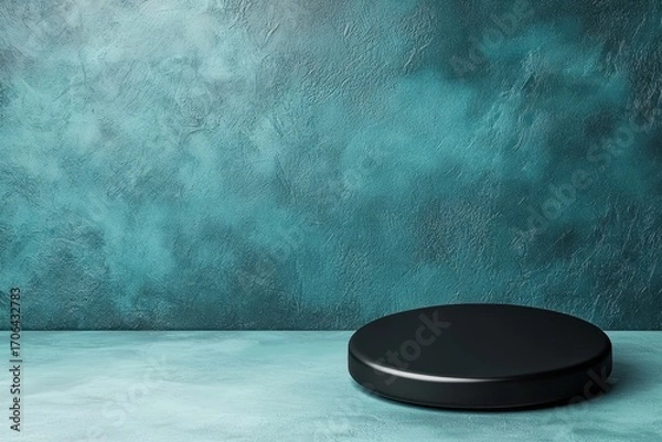 Fototapeta A minimalist scene featuring a black circular platform against a textured turquoise wall, evoking a modern and artistic ambiance.