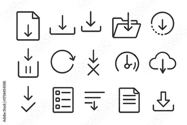 Fototapeta Download Management Icons. Line style icons of download management: file with arrow, download button, download folder, pending