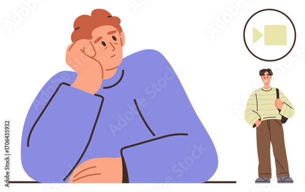 Fototapeta Thoughtful seated man leans on hand, accompanied by another standing casual figure on right with backpack. Minimal video play icon adds tech element. Ideal for reflection, casual meetings, online