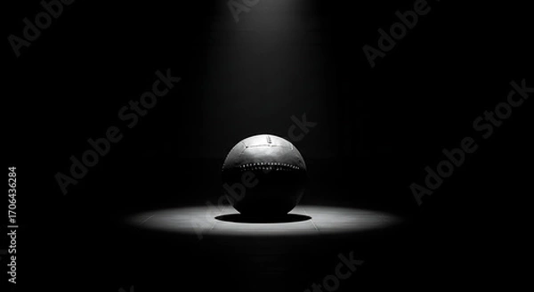 Fototapeta Medicine ball centered under a bright spotlight in an empty dark gym, dramatic contrast symbolizing strength, focus, and endurance, no humans.