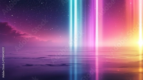 Fototapeta A vibrant digital artwork featuring colorful vertical beams of light against a serene ocean and starry night sky.