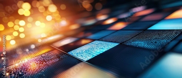 Fototapeta A vibrant, abstract image featuring colorful digital squares with a blurred, glowing background, evoking a sense of technology and innovation.