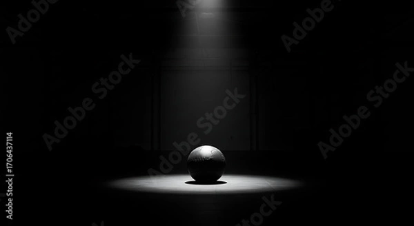 Fototapeta Medicine ball centered under a bright spotlight in an empty dark gym, dramatic contrast symbolizing strength, focus, and endurance, no humans.