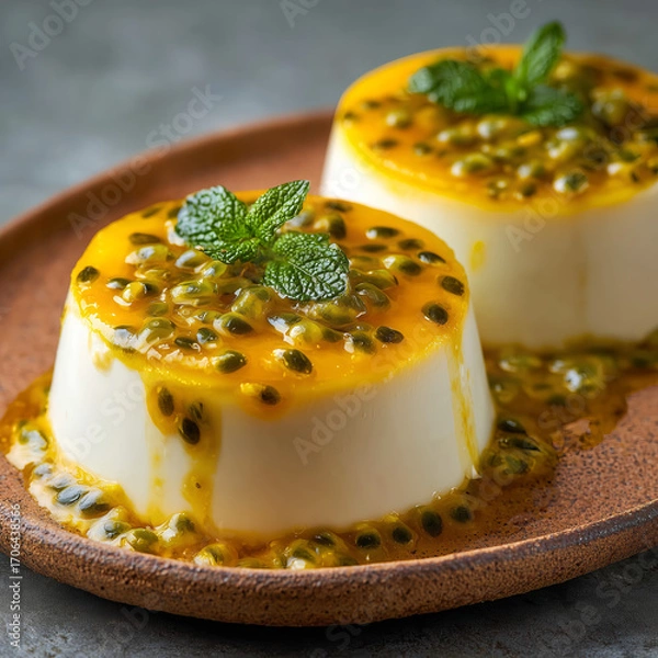 Fototapeta panna cotta topped with passionfruit sauce