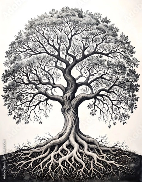 Fototapeta Detailed grayscale illustration of a large, ancient tree, with expansive roots