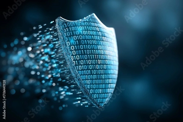 Fototapeta Futuristic shield made of binary code particles symbolizing cybersecurity, digital protection and virtual defense concept in glowing abstract technology design, Generative AI