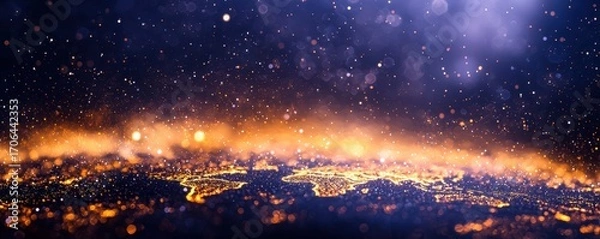 Fototapeta A stunning depiction of Earth at night, illuminated by city lights, set against a cosmic backdrop of stars and shimmering particles.