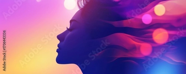 Fototapeta A vivid silhouette of a woman with flowing hair, set against a colorful, dreamy background of purples, pinks, and soft lights.