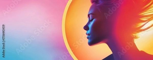 Fototapeta A vibrant, colorful silhouette of a woman's profile against a gradient background, suggesting themes of beauty, serenity, and artistic expression.