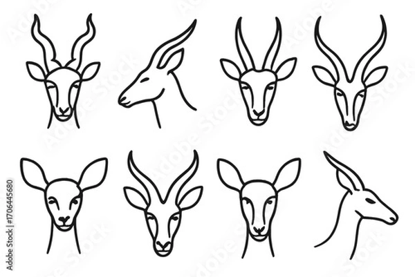 Obraz Antelope Line Icons. Line style icons of antelope heads: antelope with spiral horns, side view antelope, front-facing antelope,