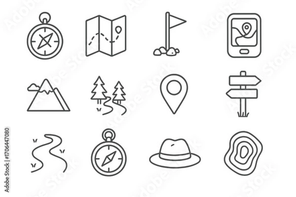 Obraz Exploration Icon Set. Line style icons of navigation and exploration: compass, map with path, trail marker, GPS icon; mountain