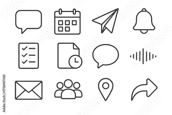 Obraz Communication Icons. Line style icons of communication and planning: speech bubble, calendar, paper plane, notification bell;