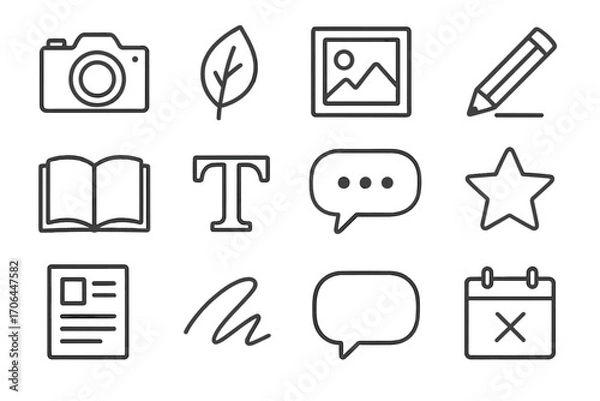 Obraz Storytelling Icons Collection. Line style icons of storytelling assets: camera, leaf, image frame, pencil sketch; open book, type