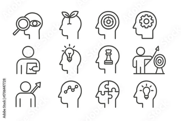 Fototapeta Business Mindset Icons. Line style icons of business mindset: focus icon, growth head, target brain, gear in head; problem-solver