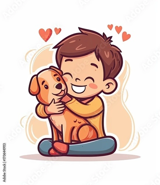 Fototapeta A charming clipart image of a boy embracing his furry friend, showcasing the pure bond between a child and their pet.