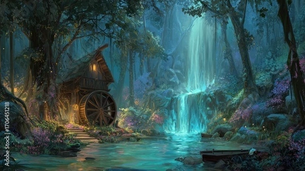 Fototapeta Enchanting watermill scene amidst a lush forest with a magical waterfall backdrop providing a