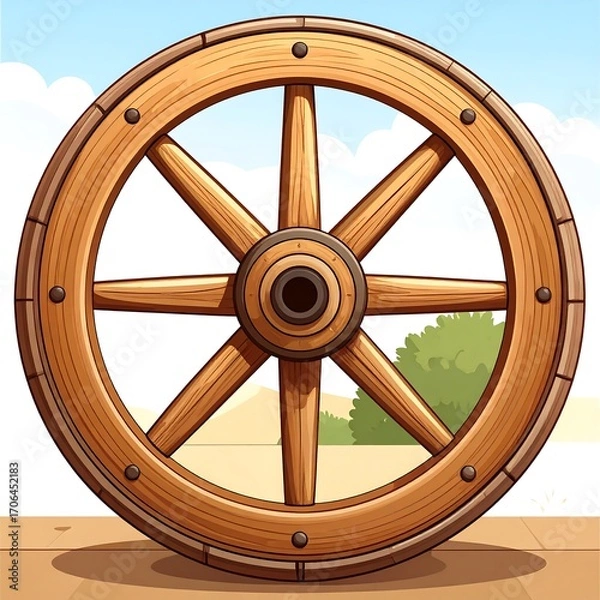 Obraz Wooden wagon wheel, light brown, eight spokes, desert background